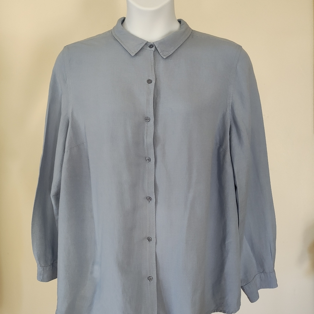 Ellos Women's Size 20 Linen Blend Lt.Blue Long Sleeve Button-Up Blouse  Workwear